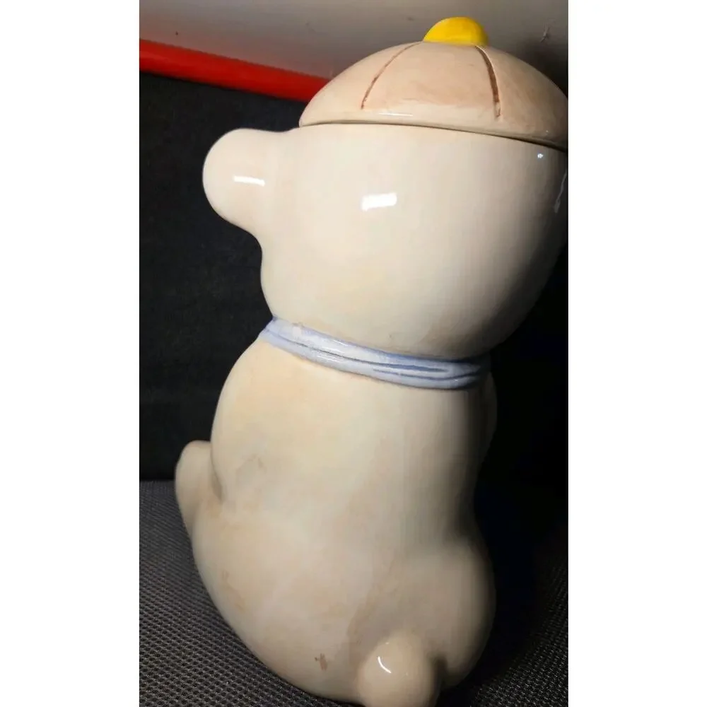 Vintage Treasure Craft Teddy Bear Cookie Jar Baseball Cap Blue Bowtie USA